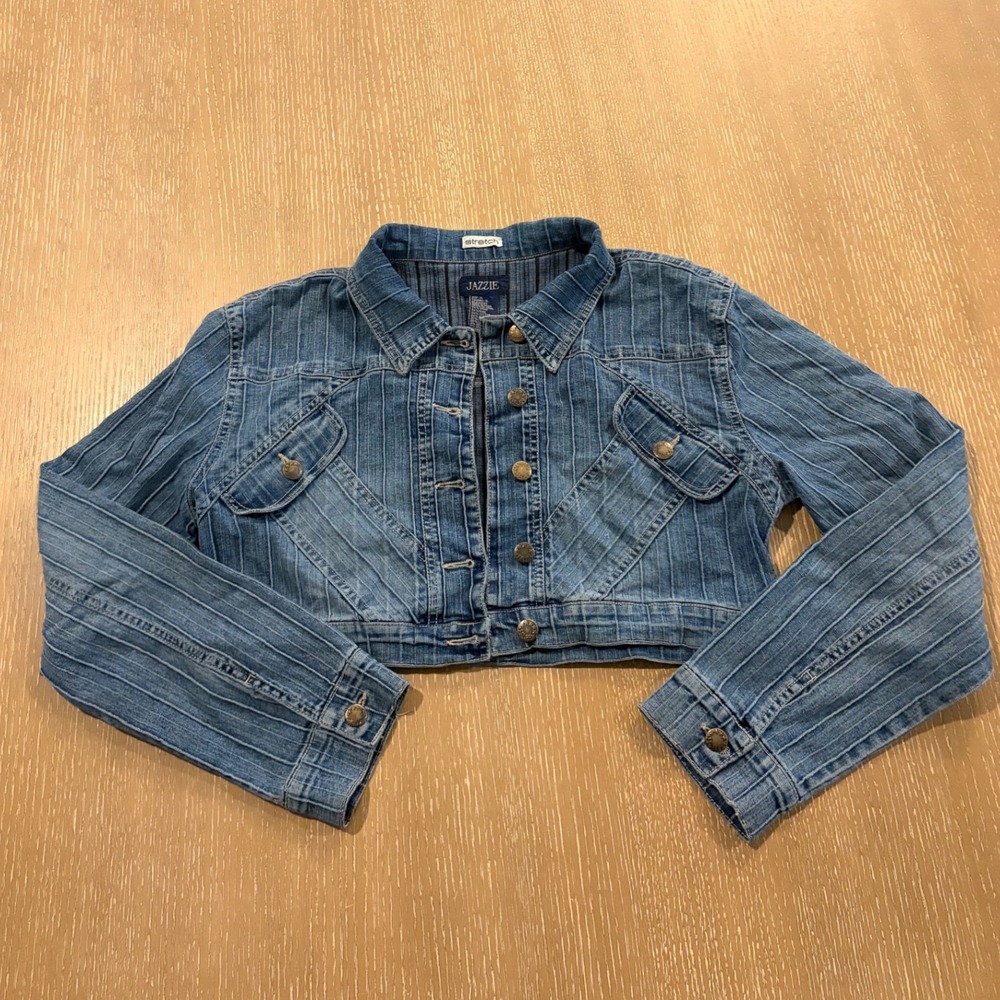 Jazzie Y2K Denim Crop‎ Jacket Button Front XL Womens Blue Long Sleeve 00s